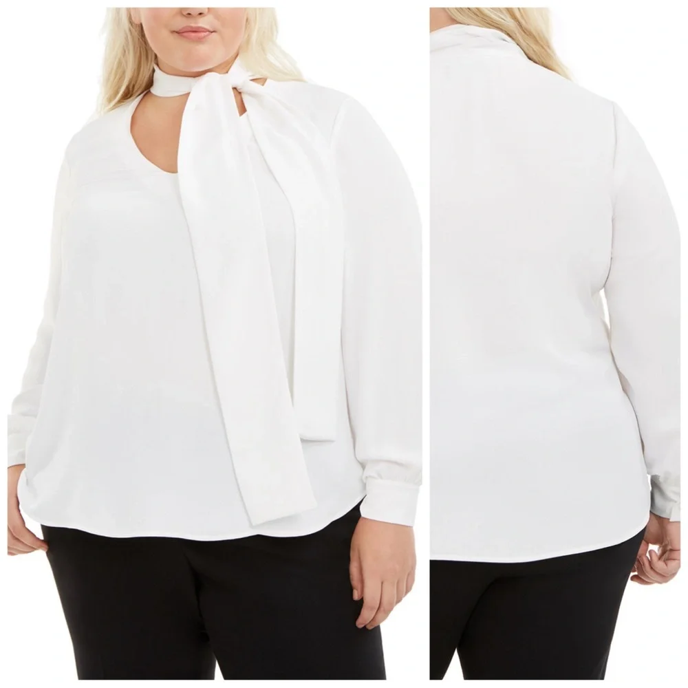 Bar III White Tie Neck Blouse Plus Size 2X - Picture 1 of 7